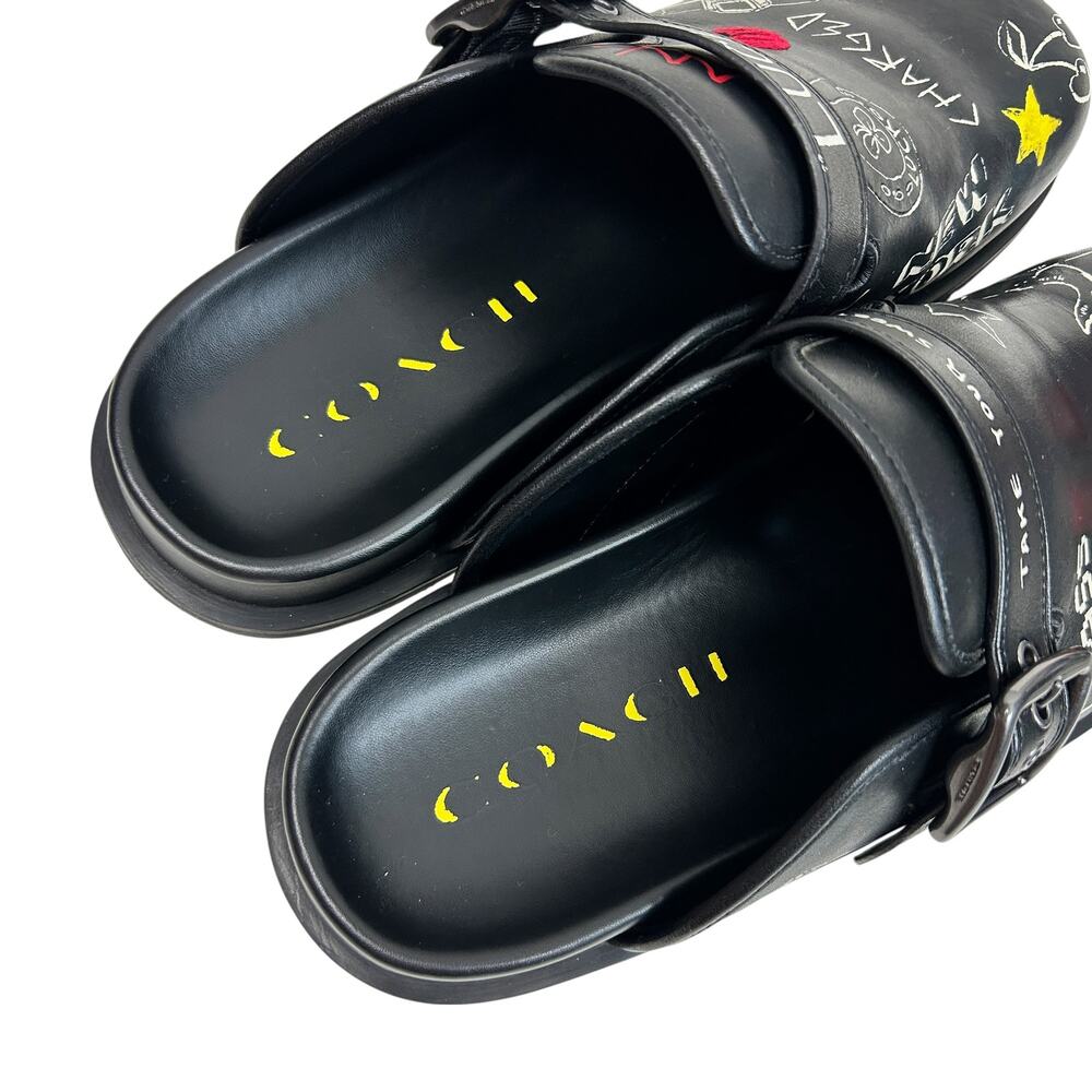 Coach Mens Black Leather Buckle Mule Clog Sketch Embroidered Print 10 43 - Picture 2 of 7